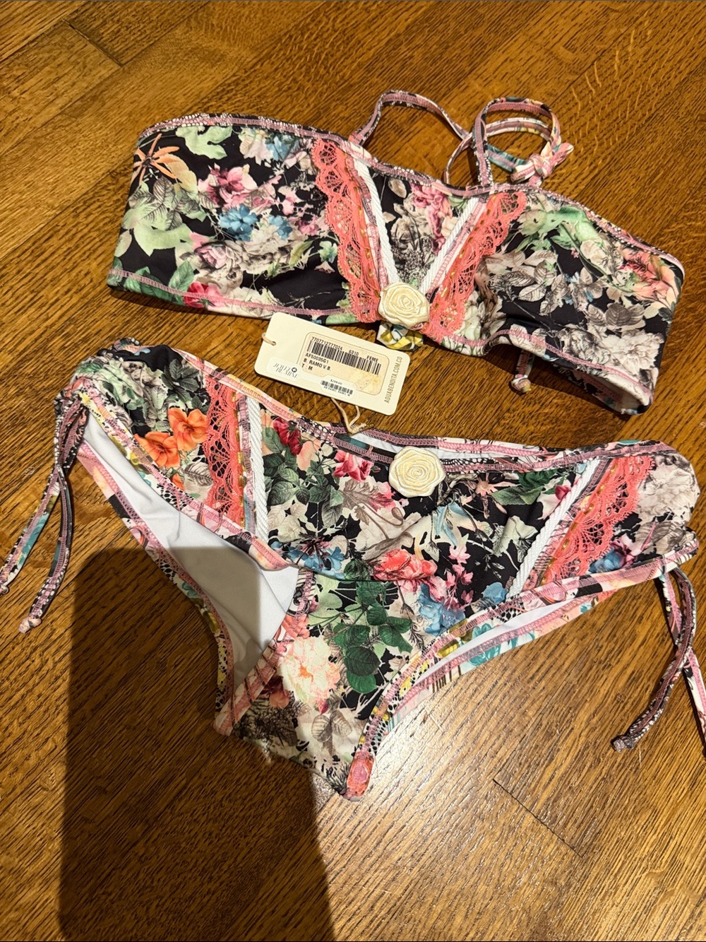Agua bendita Floral Lace Trim Bikini Set in Black Multi